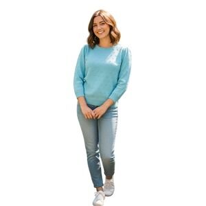 CeCe by Cynthia Steffe Light Blue Pointelle‎ Knit Crewneck Sweater Womens L